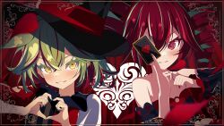 Rule 34 | 2girls, black hat, black nails, black sleeves, card, club (shape), commentary request, crossed bangs, curtains, detached sleeves, diamond (shape), drill hair, envy baby (vocaloid), green hair, grey hair, grin, hair between eyes, hat, heart, heart hands, heart print, highres, holding, holding card, kasane teto, long bangs, looking at viewer, medium hair, multicolored hair, multiple girls, neutrino (software), one eye covered, red eyes, red hair, red shirt, ribbon-trimmed sleeves, ribbon trim, rokurororo2511, shirt, smile, spade (shape), streaked hair, synthesizer v, top hat, twin drills, two-tone hair, upper body, utau, vocaloid, voiceroid, voicevox, yellow eyes, zundamon