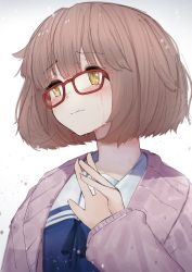 Rule 34 | 1girl, ano54, blue neckwear, blue shirt, brown eyes, brown hair, cardigan, commentary, crying, crying with eyes open, english commentary, glasses, gradient background, grey background, hand up, highres, kuriyama mirai, kyoto animation, kyoukai no kanata, long sleeves, open cardigan, open clothes, pink cardigan, red-framed eyewear, sailor collar, shirt, short hair, sleeves past wrists, solo, tears, upper body, white background, white sailor collar