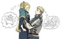 Rule 34 | 1boy, 1girl, absurdres, armor, artist name, blonde hair, blue dress, blush, brown eyes, clenched hands, commentary, dress, dungeon meshi, elf, findoworld, from side, green eyes, green poncho, highres, hood, laios touden, lifting person, long hair, looking to the side, marcille donato, pointy ears, short hair, simple background, symbol-only commentary, thought bubble, white background
