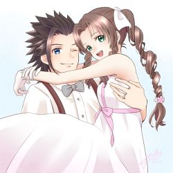 1boy 1girl aerith_gainsborough bare_shoulders black_hair blue_eyes bow bowtie braid braided_ponytail brown_hair carrying couple dress final_fantasy final_fantasy_vii final_fantasy_vii_remake gloves green_eyes hair_ribbon highres jewelry kt9_ct long_hair princess_carry ribbon ring sleeveless sleeveless_dress spiked_hair square_enix white_gloves zack_fair