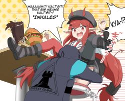 Rule 34 | 1girl, 1other, alph (sancheck), arknights, asymmetrical legwear, black jacket, boots, burger, cabbie hat, cup, disposable cup, doctor (arknights), english text, fang, food, gameplay mechanics, hat, highres, horns, horns through headwear, hug, jacket, legs up, long hair, low twintails, mismatched legwear, nail polish, open mouth, panties, panty peek, pointy ears, red eyes, red hair, rhodes island logo (arknights), smelling, speech bubble, tail, thighhighs, twintails, underwear, very long hair, vigna (arknights), wavy mouth, white panties