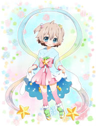Rule 34 | 1girl, blue eyes, blush, brown hair, candy, chikkuru, finger gun, food, food-themed clothes, food-themed hair ornament, food as clothes, hair ornament, konpeitou, light brown hair, looking at viewer, original, personification, sandals, scarf, short hair, short twintails, smile, solo, star (symbol), tabi, twintails