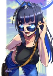Rule 34 | 1girl, absurdres, adjusting eyewear, arm behind back, bag, black tank top, blue eyes, blue hair, blunt bangs, boros (ouro kronii), breasts, ceres fauna, collarbone, colored inner hair, denim, fang, hair intakes, halo, handbag, highres, hololive, hololive english, jeans, leaning forward, looking at viewer, medium breasts, multicolored hair, nanashi mumei, official alternate hairstyle, open mouth, ouro kronii, pants, round teeth, silverchariotx, smile, sunglasses, tank top, teeth, virtual youtuber