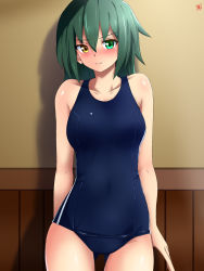 Rule 34 | 1girl, blue one-piece swimsuit, covered navel, cowboy shot, green eyes, green hair, heterochromia, highres, kantai collection, kiso (kancolle), one-piece swimsuit, school swimsuit, sebunsu, short hair, solo, standing, swimsuit, yellow eyes
