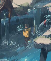 Rule 34 | absurdres, artist name, backpack, bag, black pants, blue eyes, brown hair, coat, day, gloves, grass, highres, holographic interface, original, outdoors, ozumikan, pants, red gloves, robot, scenery, short hair, standing, tree, wading, water, waterfall, yellow coat