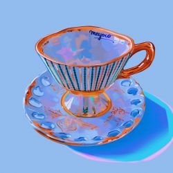 Rule 34 | blue background, cup, highres, meyoco, no humans, original, photo-referenced, plate, shadow, signature, simple background, teacup
