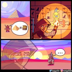 Rule 34 | ..., 3koma, animal crossing, ankha (animal crossing), arm wrap, cat, comic, cowgirl position, desert, furry, gun, hieroglyphics, hood, implied sex, interspecies, mask, nintendo, pyramid (structure), rifle, speech bubble, straddling, sunset, torch, treasure chest, villager (animal crossing), weapon