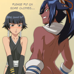 Rule 34 | 00s, 2girls, bare shoulders, black hair, bleach, blue hair, blush, breasts, dark-skinned female, dark skin, female focus, flat chest, large breasts, long hair, looking back, multiple girls, nude, open mouth, ponytail, shihouin yoruichi, short hair, simple background, smile, sui-feng, translated, yellow eyes