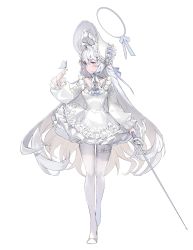 Rule 34 | 1girl, absurdres, blue bow, blue eyes, blush, bonnet, bow, breasts, bug, butterfly, butterfly on hand, closed mouth, dress, frilled dress, frilled sleeves, frills, full body, hair between eyes, halo, hand up, highres, holding, holding sword, holding weapon, insect, long hair, long sleeves, looking at animal, looking to the side, mendou kusai, original, pantyhose, puffy long sleeves, puffy sleeves, rapier, ribbon, shoes, simple background, small breasts, solo, standing, sword, thigh strap, very long hair, walking, weapon, white background, white dress, white footwear, white hair, white headwear, white pantyhose, white ribbon, white theme