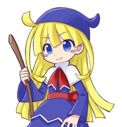 Rule 34 | 1girl, blonde hair, blue eyes, blush stickers, broom, closed mouth, holding, holding broom, long hair, long sleeves, looking at viewer, puyopuyo, smile, solo, takazaki piko, witch (puyopuyo)