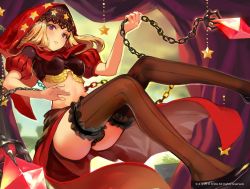 Rule 34 | 1girl, blonde hair, chain, crop top, hood, long hair, midriff, odin sphere, puff and slash sleeves, puffy sleeves, purple eyes, shirabi, solo, striped clothes, striped thighhighs, thighhighs, velvet (odin sphere)