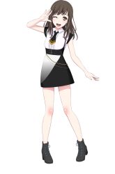 Rule 34 | 1girl, bang dream!, bang dream! it&#039;s mygo!!!!!, belt, black belt, black dress, black footwear, black necktie, boots, breasts, brown eyes, brown hair, dress, earrings, full body, hand up, high heel boots, high heels, highres, jewelry, long hair, looking at viewer, necktie, official art, one eye closed, open mouth, simple background, sleeveless, sleeveless dress, small breasts, solo, sumida mana, tachi-e, teeth, transparent background, upper teeth only