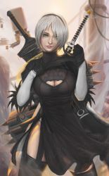 Rule 34 | 1girl, android, black dress, blindfold, blurry, breasts, cleavage, depth of field, dress, feather-trimmed sleeves, gloves, hairband, katana, leotard, looking at viewer, mole, mole under mouth, nier:automata, nier (series), ocetee, self-upload, short dress, short hair, solo, sword, thighs, weapon, weapon on back, white hair, white leotard, 2b (nier:automata)