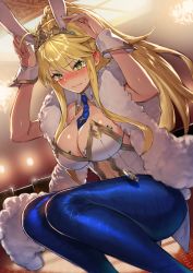 Rule 34 | 1girl, absurdres, animal ears, artoria pendragon (all), artoria pendragon (fate), artoria pendragon (swimsuit ruler) (fate), bare shoulders, blonde hair, blue necktie, blue pantyhose, blush, breasts, cleavage, closed mouth, clothing cutout, detached collar, fake animal ears, fate/grand order, fate (series), green eyes, hair between eyes, hands up, highres, large breasts, leotard, long hair, looking at viewer, navel cutout, necktie, pantyhose, playboy bunny, poker chip, ponytail, pyz (cath x tech), rabbit ears, sidelocks, solo, squatting, tearing up, thighs, tiara, v-shaped eyebrows, white leotard