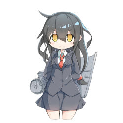 Rule 34 | &gt;:), 1girl, arms behind back, black hair, blazer, blush, collared shirt, cosplay, cropped legs, hatsushimo (kancolle), hatsushimo (kancolle) (cosplay), jacket, kantai collection, long hair, looking at viewer, low-tied long hair, machinery, mikazuki (kancolle), murabatodenki, shirt, simple background, skirt, solo, standing, v-shaped eyebrows, white background, white shirt, wing collar, yellow eyes
