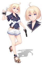 Rule 34 | absurdres, ahoge, alternate costume, ankle watch, armpits, belt, blonde hair, blue eyes, blush, casual, commentary, dual wielding, eyebrows, girls&#039; frontline, gun, handgun, highres, hip vent, holding, looking at viewer, m1911, m1911 (girls&#039; frontline), open mouth, shadow, short hair, shorts, smile, vectorek, watch, weapon