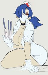 Rule 34 | 1girl, absurdres, blue hair, breasts, cleavage, dated, eyepatch, gloves, hat, heart, highres, large breasts, mask, medical eyepatch, nisego, nurse, nurse cap, ponytail, short hair, signature, skullgirls, solo, thick thighs, thighs, valentine (skullgirls), weapon, white gloves