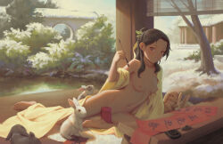 Rule 34 | 1girl, animal, bigrbear, black hair, breasts, brown eyes, calligraphy, calligraphy brush, chinese zodiac, highres, holding, holding paintbrush, looking at viewer, medium breasts, medium hair, new year, nipples, original, outdoors, paintbrush, parted lips, plant, rabbit, smile, snow, solo, thighs, year of the rabbit
