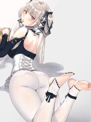 Rule 34 | 1girl, ass, azur lane, back, barefoot, black dress, black nails, blush, bow, closed mouth, commentary, corset, dress, earrings, eating, feet, feet up, food, formidable (azur lane), from behind, full body, grey background, grey hair, hair bow, hair ribbon, highres, holding, holding food, jewelry, long hair, looking at viewer, lying, mouth hold, nail polish, on stomach, pantyhose, red eyes, ribbon, seyrensophia, simple background, soles, solo, thighs, toenail polish, toenails, toes, twintails, very long hair, white corset, white pantyhose