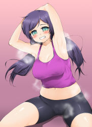 Rule 34 | 10s, 1girl, aqua eyes, armpits, bike shorts, breasts, cameltoe, clenched teeth, exercising, highres, long hair, looking at viewer, love live!, love live! school idol project, medium breasts, plump, purple hair, smell, solo, sweat, sweat stain, teeth, toonojin, tojo nozomi, twintails