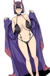 Rule 34 | 1girl, :q, aged up, alternate breast size, bare shoulders, blush, bob cut, breasts, collarbone, fate/grand order, fate (series), horns, japanese clothes, jyura, kimono, large breasts, looking at viewer, nose blush, oni, open clothes, open kimono, purple eyes, purple hair, revealing clothes, short eyebrows, shuten douji (fate), shuten douji (first ascension) (fate), skin-covered horns, smile, solo, standing, tongue, tongue out, undressing