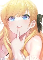 Rule 34 | 1girl, bare shoulders, black bow, blonde hair, blue eyes, bow, earrings, finger to mouth, grin, hair bow, highres, idolmaster, idolmaster cinderella girls, jenevan, jewelry, long hair, looking at viewer, official alternate costume, ohtsuki yui, parted lips, portrait, ring, simple background, smile, solo, sparkle, teeth, white background