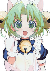 Rule 34 | 1girl, :d, animal ears, animal hat, apron, bell, blue bow, blue bowtie, blue dress, bow, bowtie, cat ears, cat hat, close-up, dejiko, di gi charat, dress, green eyes, hair bell, hair ornament, hat, highres, jingle bell, looking at viewer, maid apron, mittens, neck bell, open mouth, parted bangs, short hair, simple background, smile, solo, upper body, waving, white apron, white background, white mittens, yamamura saki