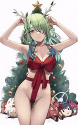Rule 34 | 1girl, antlers, arms up, boomei (nanashi mumei), bow, bra, braid, braided bangs, breasts, ceres fauna, christmas, christmas star, christmas tree, cleavage, collarbone, cowboy shot, dollrys (irys), earrings, flower, gift, gluteal fold, green hair, green nails, hair flower, hair ornament, hair over one eye, hakos baelz, halloween baelz, highres, hololive, hololive english, horns, irys (hololive), jewelry, large breasts, leaf, long hair, looking at viewer, mole, mole under eye, nail polish, naked ribbon, nanashi mumei, ouro kronii, red bra, red ribbon, ribbon, sana worm (tsukumo sana), side braid, simple background, smile, solo, star (symbol), star earrings, thigh gap, thighs, tree, tsukumo sana, underwear, vicarious, virtual youtuber, white background, yellow eyes, yukkronii (ouro kronii)