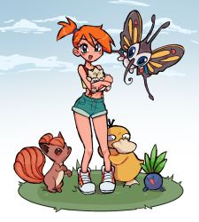 Rule 34 | 1girl, :d, bare arms, beautifly, blush, cloud, commentary, creatures (company), crossed arms, eyelashes, game freak, gen 1 pokemon, gen 2 pokemon, gen 3 pokemon, grass, green eyes, green shorts, highres, holding, holding pokemon, hugging another&#039;s leg, knees, looking at viewer, md5 mismatch, mercysstrap, misty (pokemon), navel, nintendo, oddish, open mouth, orange hair, pigeon-toed, pokemon, pokemon (anime), pokemon (classic anime), pokemon (creature), psyduck, shirt, shoes, short hair, short shorts, shorts, side ponytail, sleeveless, sleeveless shirt, smile, sneakers, standing, suspenders, togepi, tongue, vulpix, white footwear, yellow shirt