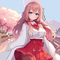 Rule 34 | 1girl, black pantyhose, blue archive, blue eyes, cherry blossoms, chihaya (clothing), closed mouth, cowboy shot, halo, highres, long hair, mimori (blue archive), pantyhose, pink hair, pink halo, pixel art, pleated skirt, red sailor collar, red skirt, sailor collar, school uniform, serafuku, skirt, sleeves past fingers, sleeves past wrists, smile, solo, tinia etru