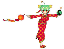 Rule 34 | 1girl, ahoge, animal hair ornament, bad id, bad tinami id, bomb, braid, braided bun, breasts, china dress, chinese clothes, chinese new year, double bun, dress, explosive, food, fruit, full body, green hair, hair bun, hair ornament, heart, heart in mouth, honihoni, lantern, large breasts, leg lift, long skirt, nail polish, new year, open mouth, original, paper lantern, pencil skirt, print shirt, red eyes, red footwear, shirt, shoes, side slit, simple background, skirt, smile, solo, standing, standing on one leg, star-shaped pupils, star (symbol), suisui (honihoni), symbol-shaped pupils, tassel, watermelon, white background