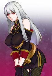 Rule 34 | 00s, 1girl, bare shoulders, black gloves, breasts, gloves, large breasts, long hair, looking at viewer, red eyes, selvaria bles, senjou no valkyria (series), senjou no valkyria 1, silver hair, solo, uniform, yurizuka (sergeant heart)