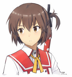 Rule 34 | 10s, 1girl, artist name, black ribbon, brown eyes, brown hair, chinese commentary, commentary request, dated, etou kanami, frown, hair between eyes, hair ribbon, katana, looking away, looking to the side, ribbon, school uniform, short hair, side ponytail, simple background, solo, sword, thick eyebrows, toji no miko, upper body, weapon, white background, yellow neckwear, yip