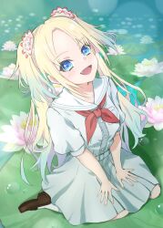 Rule 34 | 1girl, blonde hair, blue eyes, blue hair, blurry, bokeh, brown footwear, commentary, depth of field, dress, fang, flower, full body, gradient hair, hair flower, hair ornament, hands on lap, hasu no sora school uniform, highres, les trois, light blue hair, lily pad, link! like! love live!, loafers, long hair, looking at viewer, lotus, love live!, medium dress, multicolored hair, neckerchief, osawa rurino, parted bangs, pink flower, pleated dress, red neckerchief, sailor collar, sailor dress, school uniform, shoes, short sleeves, sitting, solo, summer uniform, twintails, virtual youtuber, wariza, water drop, white dress, white flower, white sailor collar