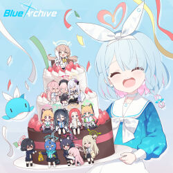 &gt;_&lt; 6+girls :d ^_^ album_cover alternate_costume animal_ear_fluff animal_ear_headphones animal_ears anniversary ansan_ey aqua_hair aris_(blue_archive) arm_up arona_(blue_archive) ayane_(blue_archive) azusa_(blue_archive) backpack bag balaclava black_hair blonde_hair blue_archive blue_hair blue_serafuku blush bow braid cake cat_ears chibi choker clinging closed_eyes coat colored_inner_hair commentary confetti copyright_name cover english_commentary facing_viewer fake_animal_ears floating_hair food foreclosure_task_force_(blue_archive) fruit game_development_department_(blue_archive) glasses hair_bow hairband halo hanako_(blue_archive) headphones heart hifumi_(blue_archive) highres holding holding_cake holding_food holding_tray hoshino_(blue_archive) index_finger_raised jacket koharu_(blue_archive) layer_cake logo long_hair long_sleeves make-up_work_club_(blue_archive) medium_eyebrows midori_(blue_archive) momoi_(blue_archive) multicolored_hair multiple_girls nonomi_(blue_archive) official_art open_mouth pink_hair red-framed_eyewear ribbon sailor_collar school_uniform serafuku serika_(blue_archive) shiroko_(blue_archive) shirt_tucked_in short_hair side_braid simple_background single_braid skirt smile strawberry strawberry_cake streamers teeth tray twintails two-tone_hair upper_body upper_teeth_only whipped_cream white_bow white_choker white_hairband white_ribbon white_sailor_collar white_skirt wolf_ears yuzu_(blue_archive)