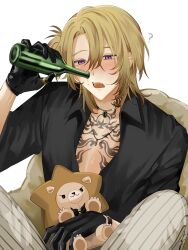 Rule 34 | 1boy, ?, augustus (luca kaneshiro), black gloves, black shirt, blonde hair, blush, bottle, chest tattoo, choker, collared shirt, commentary request, curry ytd, dripping, drunk, gloves, hair between eyes, hair ornament, hairclip, hand up, highres, holding, holding bottle, jewelry, knees up, luca kaneshiro, luca kaneshiro (1st costume), male focus, medium hair, necklace, nijisanji, nijisanji en, nose blush, open collar, open mouth, pants, parted bangs, pinstripe pants, pinstripe pattern, purple eyes, shirt, short sidetail, sidelocks, simple background, sitting, sleeves rolled up, solo, striped clothes, striped pants, stuffed animal, stuffed lion, stuffed toy, tattoo, teeth, upper teeth only, vertical-striped clothes, vertical-striped pants, virtual youtuber, watch, white background, white pants, wing collar, wristwatch