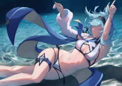 Rule 34 | 1girl, adapted costume, arms up, bikini, black hairband, blue cape, blue hair, blue nails, blue necktie, bracelet, breasts, breasts apart, cape, caustics, closed eyes, closed mouth, detached sleeves, eula (genshin impact), feet out of frame, full body, genshin impact, hairband, highres, jewelry, knee up, medium breasts, medium hair, navel, necktie, side-tie bikini bottom, sidelocks, single detached sleeve, solo, sshiran, stomach, submerged, swimsuit, thigh strap, underwater, water, white bikini, white sleeves
