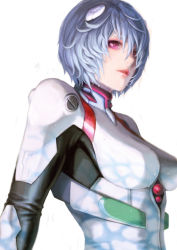Rule 34 | 1girl, ayanami rei, bad id, bad pixiv id, blue hair, bodysuit, breasts, from below, from side, hair between eyes, hair ornament, hair over one eye, large breasts, lips, looking at viewer, neon genesis evangelion, parted lips, pilot suit, plugsuit, purple eyes, realistic, short hair, simple background, solo, ueda toraji, upper body, wet, wet clothes, wet hair, white background