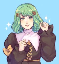 Rule 34 | 1girl, adelnath, arm up, fire emblem, fire emblem: three houses, fire emblem heroes, flayn (fire emblem), garreg mach monastery uniform, green eyes, green hair, hair ornament, hairclip, looking at viewer, nintendo, playing with own hair, ribbon, short hair, simple background, smile, solo, uniform, upper body