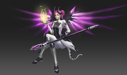 Rule 34 | 1girl, armor, bodysuit, breasts, crossed legs, dark persona, demon horns, ear piercing, emblem, energy, facial mark, faulds, floating, forehead mark, full body, gradient background, greaves, grey background, highres, holding, holding staff, horns, imp mercy, lipstick, looking at viewer, makeup, mechanical wings, medium breasts, mercy (overwatch), official alternate costume, overwatch, overwatch 1, patch, piercing, ponytail, purple eyes, purple hair, purple lips, purple wings, sitting, solo, spread wings, staff, wings, zzy12853