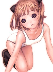 Rule 34 | 1girl, absurdres, all fours, bare shoulders, black footwear, blonde hair, blunt bangs, blush, boots, brown hair, collarbone, competition swimsuit, green eyes, hair ornament, head tilt, highres, knee boots, murata range, one-piece swimsuit, parted lips, purple eyes, scan, short twintails, solo, swimsuit, tareme, twintails, two side up, white background, white one-piece swimsuit