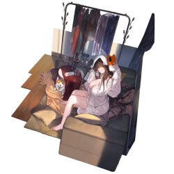 Rule 34 | 1girl, alcohol, bare legs, bathrobe, black hair, bottle, breasts, cellphone, cleavage, couch, cup, cushion, dog, drinking glass, dsr-50 (daybreak&#039;s whisper) (girls&#039; frontline), dsr-50 (girls&#039; frontline), girls&#039; frontline, highres, large breasts, long hair, official art, open clothes, phone, see-through, selfie, sitting, smartphone, solo, towel, wet, wet hair, whiskey
