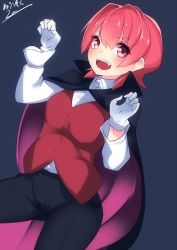 Rule 34 | 10s, 1girl, alternate costume, cape, check commentary, commentary request, fangs, gloves, halloween, halloween costume, highres, kantai collection, kinu (kancolle), long sleeves, looking at viewer, nebusoku, open mouth, pants, red eyes, red hair, short hair, signature, simple background, solo, vampire, vampire costume, white gloves