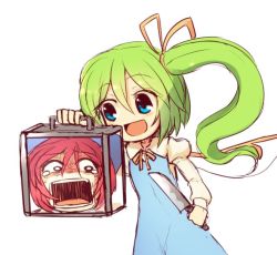 Rule 34 | 2girls, black eyes, blue bow, blue dress, blue eyes, blush, bow, carrying, crying, crying with eyes open, daiyousei, disembodied head, dress, fairy, fairy wings, glass, green hair, hair between eyes, hair bow, holding, holding knife, in container, juliet sleeves, knife, kuresento, long sleeves, multiple girls, open mouth, orange ribbon, puffy sleeves, rectangular mouth, red hair, ribbon, scared, screaming, sekibanki, short hair, side ponytail, sketch, square mouth, tareme, tears, teeth, touhou, transparent, upper body, wings