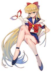 Rule 34 | 1girl, aino minako, arutera, bad id, bad pixiv id, bishoujo senshi sailor moon, blonde hair, blue eyes, blue sailor collar, blush, bow, choker, crescent, crescent facial mark, crop top, crossed legs, earrings, facial mark, gloves, hair bow, half updo, hand on own hip, highres, invisible chair, jewelry, legs, long hair, looking at viewer, magical girl, mask, unworn mask, midriff, miniskirt, pleated skirt, red bow, sailor collar, sailor v, shoulder pads, simple background, sitting, skirt, smile, solo, very long hair, white background, white gloves