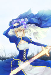 Rule 34 | 1girl, ahoge, artoria pendragon (fate), blonde hair, dress, excalibur (fate/stay night), fate/stay night, fate (series), flower, glowing, glowing sword, glowing weapon, green eyes, hair ribbon, lepta, ribbon, rose, saber (fate), solo, sword, veil, weapon