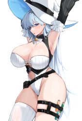 Rule 34 | 1girl, absurdres, arm up, armpits, blue eyes, blue hair, breasts, cleavage, commission, hat, highres, holster, huge breasts, long hair, mindoll, original, pipette, thigh holster, thighhighs, thighs, white background, white headwear, white thighhighs, witch hat