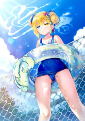 Rule 34 | 1girl, :&lt;, absurdres, bare shoulders, blonde hair, blue eyes, blue hair, blue one-piece swimsuit, blue scrunchie, blue sky, braid, cameltoe, chain-link fence, closed mouth, cloud, collarbone, commentary request, covered navel, day, double bun, feet out of frame, fence, hair between eyes, hair bun, hair ornament, hair scrunchie, heterochromia, highres, indie virtual youtuber, innertube, loco lost, looking at viewer, multicolored hair, old school swimsuit, one-piece swimsuit, outdoors, polka dot, polka dot scrunchie, rei (rei&#039;s room), school swimsuit, scrunchie, sky, solo, standing, streaked hair, swim cap, swim ring, swimsuit, transparent, unworn swim cap, v-shaped eyebrows, virtual youtuber, wet, white headwear, yellow eyes