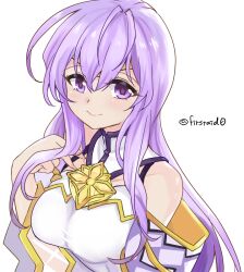 Rule 34 | 1girl, bare shoulders, blush, breasts, circlet, dress, fire emblem, fire emblem: genealogy of the holy war, hand on own chest, jewelry, julia (fire emblem), looking at viewer, medium breasts, nintendo, purple eyes, purple hair, simple background, smile, solo, wide sleeves, yukia (firstaid0)