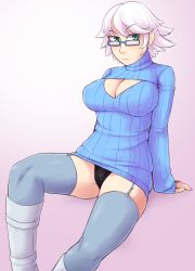 Rule 34 | 1girl, breasts, cleavage, cleavage cutout, clothing cutout, glasses, green eyes, highres, ittla, large breasts, legs, lingerie, looking at viewer, meme attire, open-chest sweater, panties, short hair, sitting, solo, sweater, thick thighs, thighhighs, thighs, underwear, white hair, wide hips, zettai ryouiki